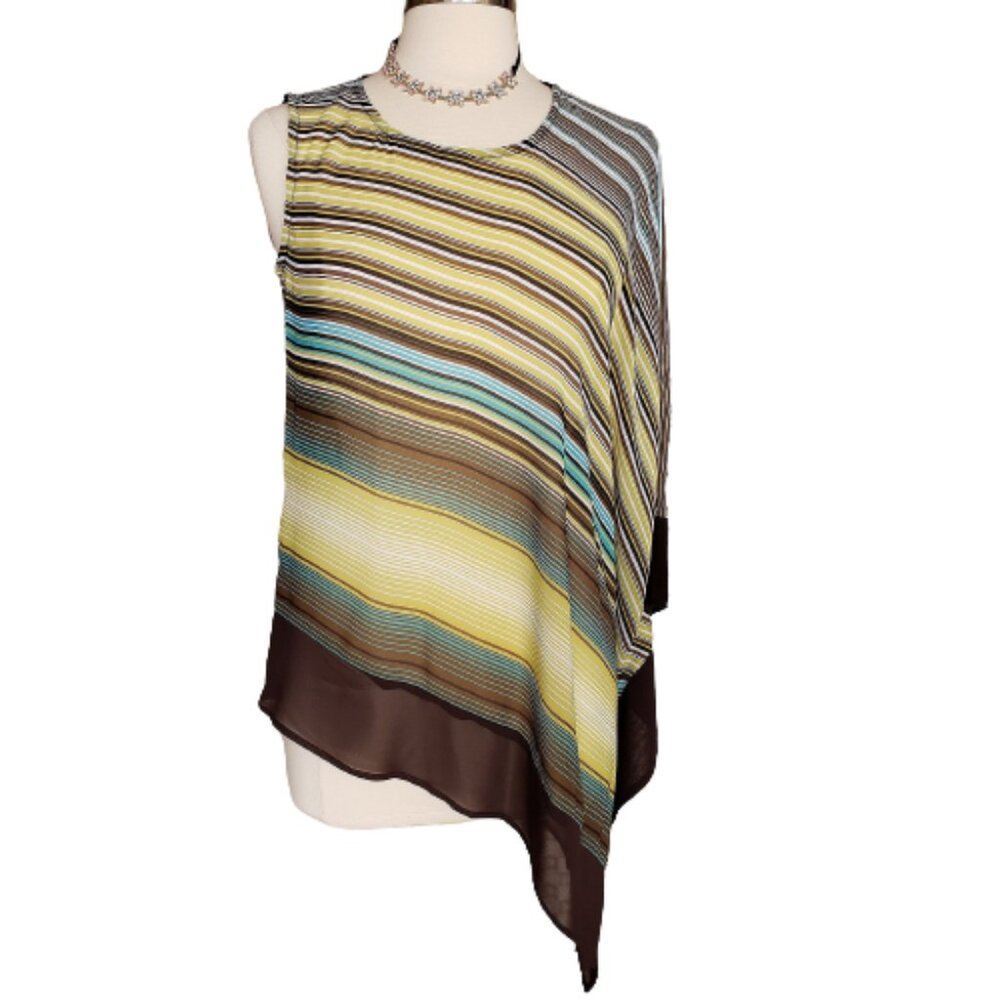 Ronen Chen Sleeveless Blouse 6 Chic Boho Asymmetrical Striped Earthy Artsey - Picture 1 of 6